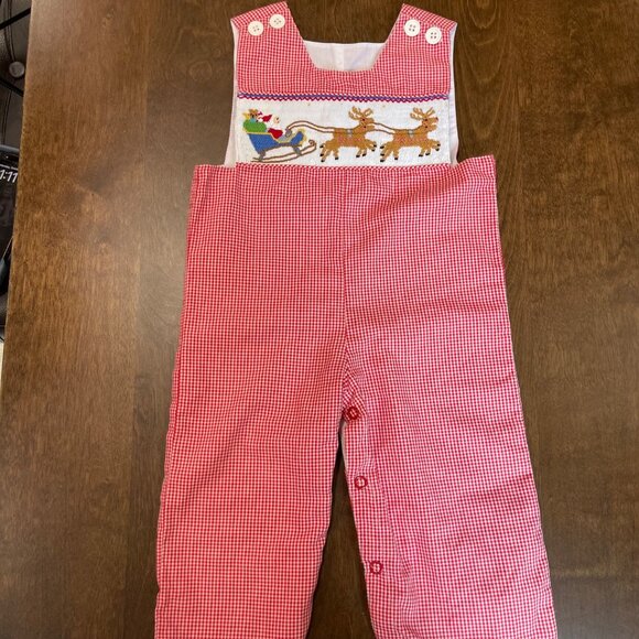Mom & Me Smocked Christmas Longalls Overalls Baby Boy Size 3M Santa Reindeer - Picture 12 of 14